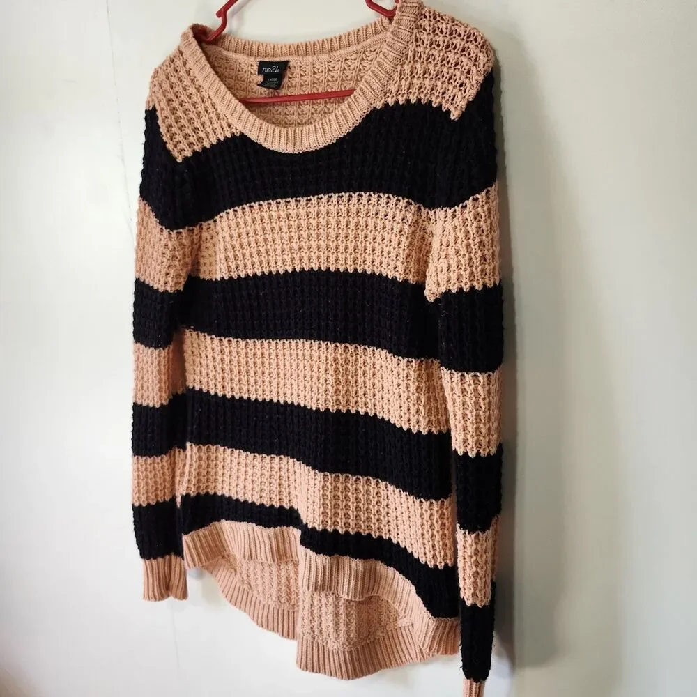 Rue21 Striped Knit Sweater Large Peach Navy High Low Hem Crew Neck Preppy Y2K - Picture 2 of 8